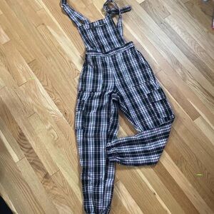 Rue21 Black & Pink Plaid Cargo Jogger Overalls